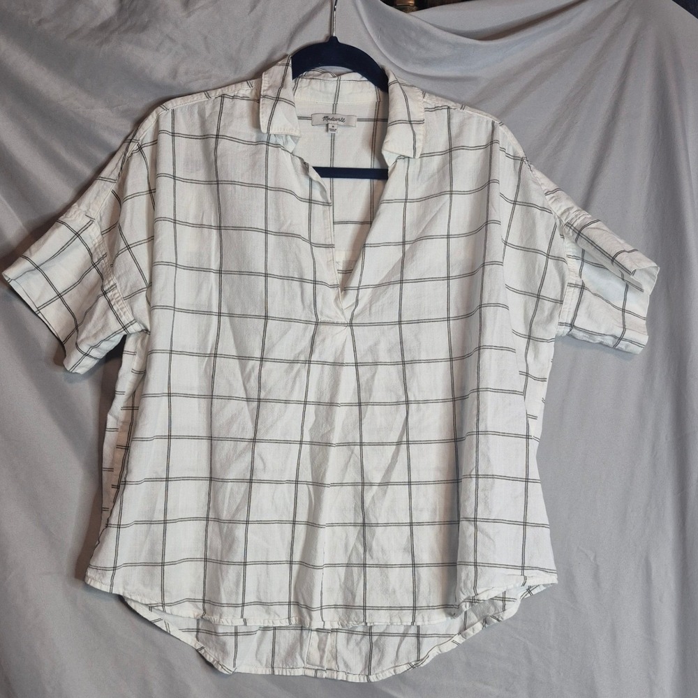 Madewell Women's Plaid Short Sleeve Button Down Top Shirt White Size M